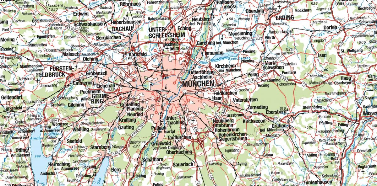Kort af munich og nærliggjandi borgir